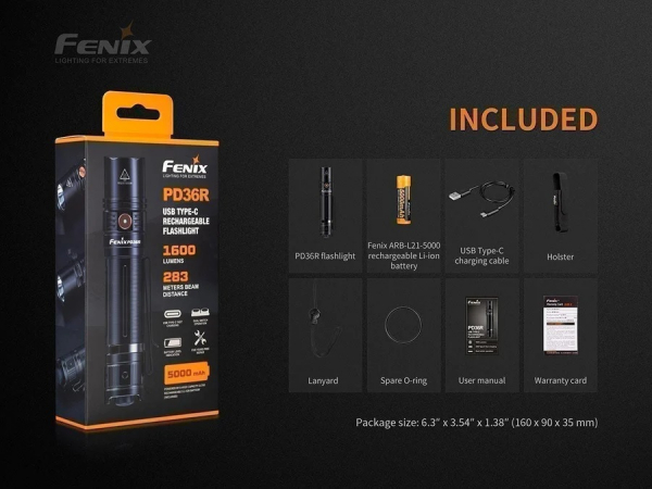 Fenix-PD36R-Taschenlampe Lieferumfang